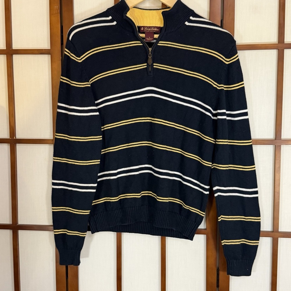 Brooks Brothers Navy Blue Yellow Striped Prima Cotton Quarter Zip Sweater Large